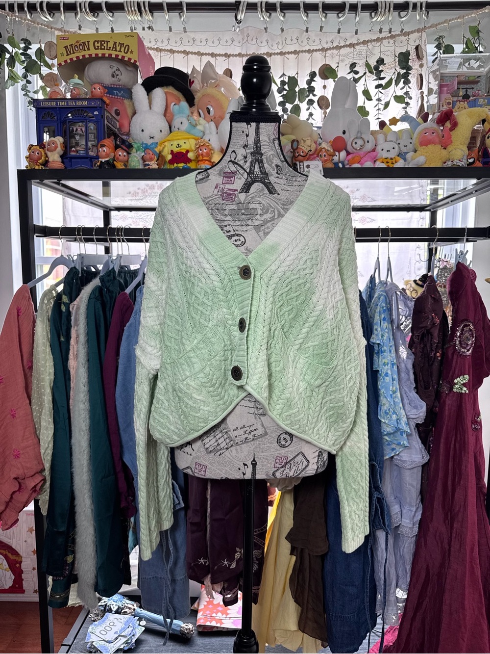 Free People Mint Green Cropped Cable Knit Button Cardigan